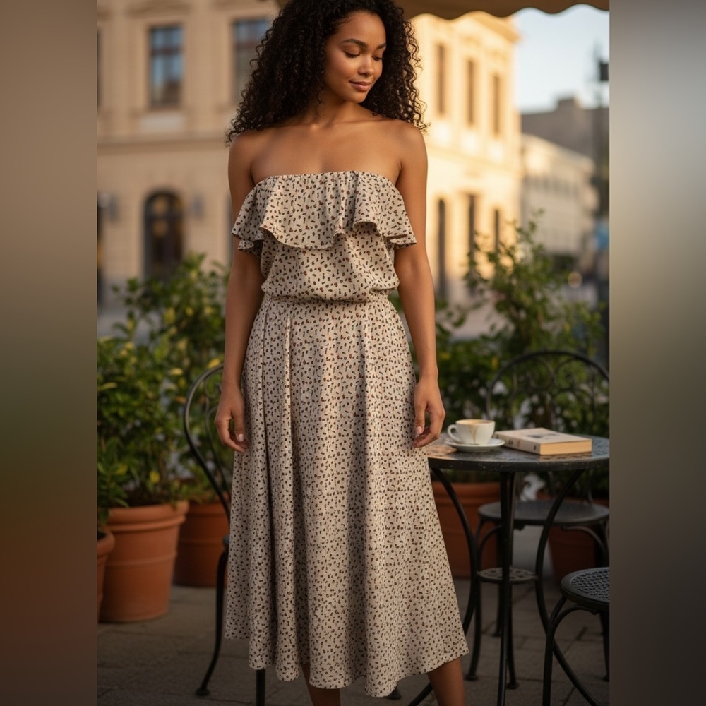 DEBORAH VIERECK‎ Taupe strapless ruffle top midi dress size S.